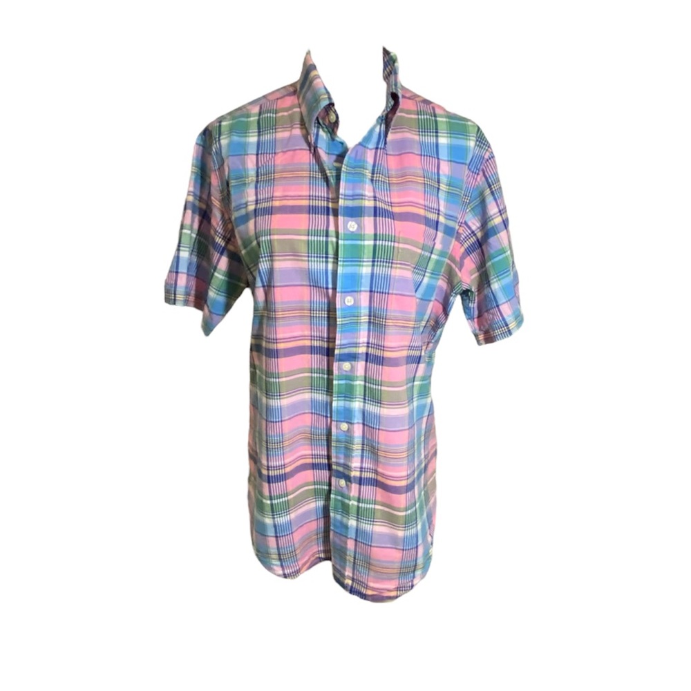 Brooks Brothers Men’s Regent Fit Pink Blue Plaid Button Shirt Shortsleeve Medium